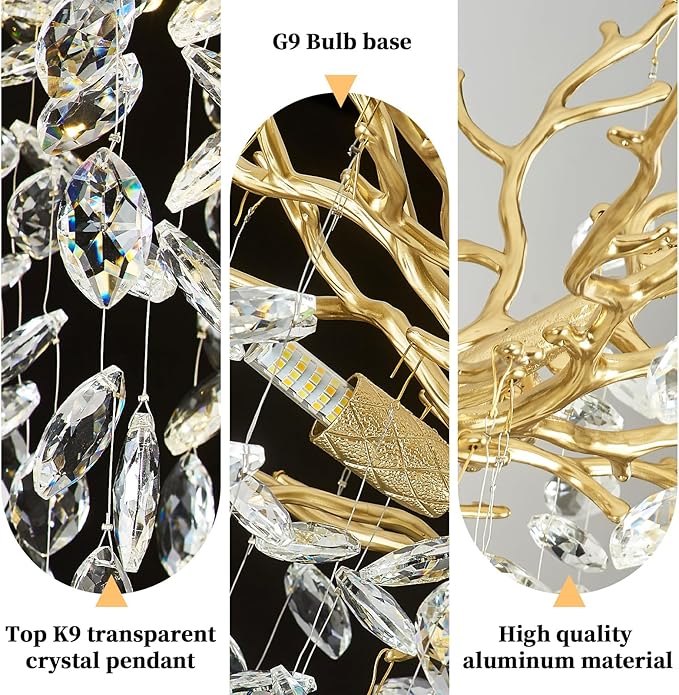 Modern Crystal Chandelier Gold Tree Branch Chandelier 23.6" Luxury Gold K9 Crystal Chandeliers 6-Light Ceiling Hanging Chandeliers for Dining Room Kitchen Island Foyer