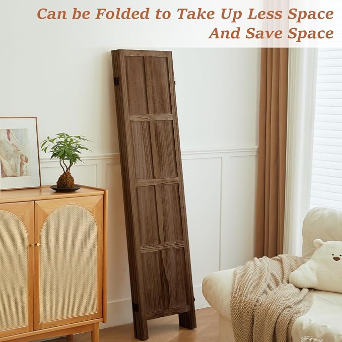 4 Panel Room Divider and Folding Privacy Screen, Classic 5.6Ft Wood Room Divider Wall, Partition Screen Divider for Room Separation for Home Office, Bedroom, Office, Dressing Room, Brown