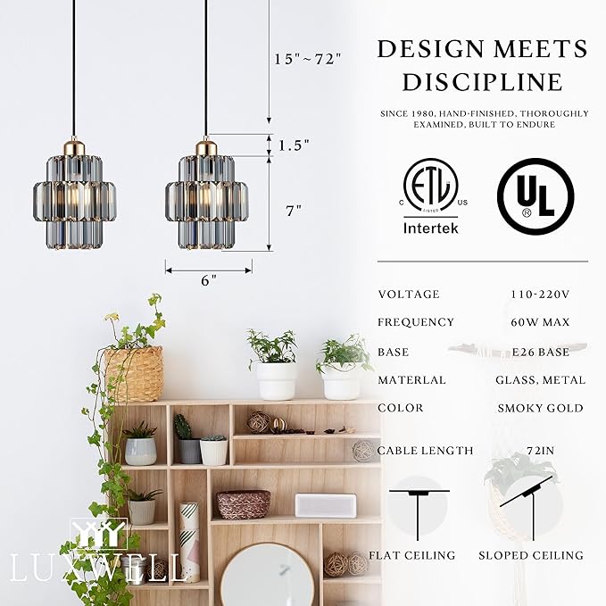 Modern Crystal Chandelier, 6"x7" Classic Crafted Pendant Light, Glass & Metal Hanging Light for Innovative Small Space Use in Dining Room, Kitchen Island, Bedroom, Living Room-Golden Mist