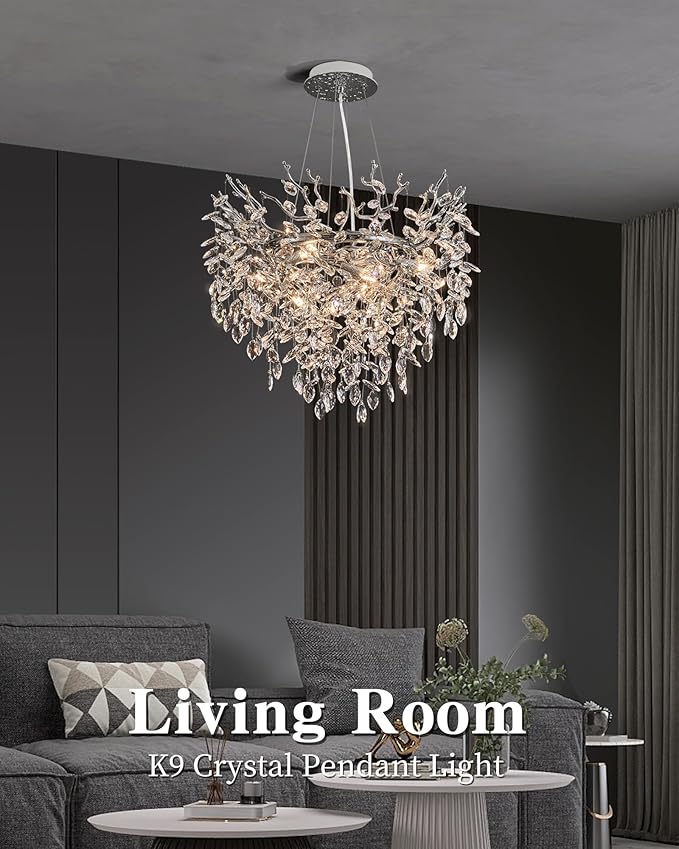Modern Crystal Chandelier for Dining Room, 23.62" Chrome Tree Branch Chandeliers, 8-Light Luxury K9 Crystal Round Chandeliers for Kitchen Island Living Room
