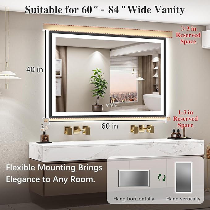 60x40 Black Framed Led Bathroom Mirror with Lights, Front Lit and Backlit, Lighted Vanity Mirror for Bathroom Wall, Anti-Fog, Dimmable, 3 Colors, Memory, HD Tempered Glass