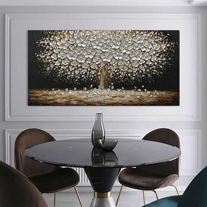 ART8YUQI Paintings - Abstract Art Oil Painting on Canvas Texture 3D Silver Tree Gary Painting Handmade Artwork Canvas
