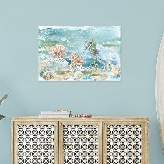 Ocean Wall Decor Seahorse Canvas Art Coastal Marine Sea Life Themed Painting Watercolor Seashell Nautical Picture Coral Artwork for Bathroom Bedroom 24x16Inch