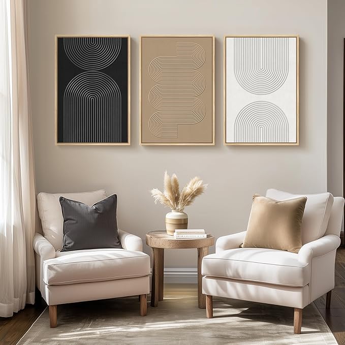 3D Textured Framed Boho Neutral Abstract Wall Art, 3 Piece Modern Artwork for Walls, Black White Brown Minimalist Geometric Paintings for Living Room, Dining Room, Bedroom Wall Decor 16x24 In