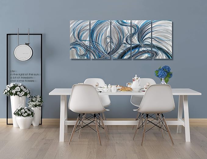 BATRENDY ARTS Handcrafted Abstract Metal Wall Art Decor Huge Blue and Silver Aluminium Painting 3D Scuplture Artwork for Livingroom Bedroom Office