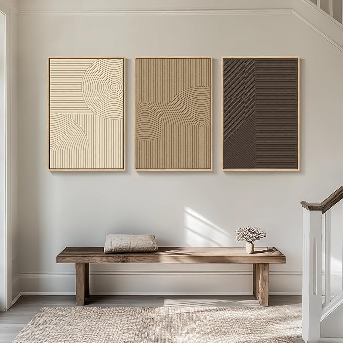 Large 3D Textured Framed Boho Neutral Abstract Wall Art for Living Room, 3 Piece Modern Artwork for Walls, Minimalist Beige Brown Tan Geometric Paintings for Hallway, Stair, Office Wall Decor 24x36 In