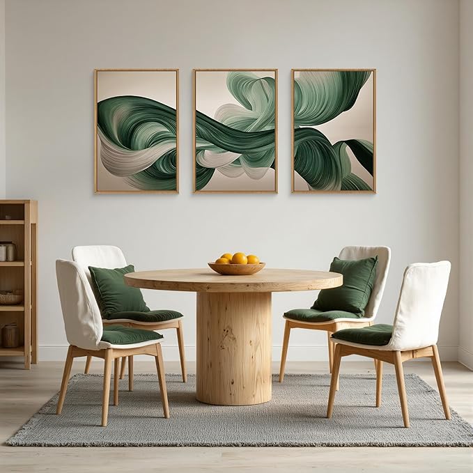 KAIRNE Green Abstract Wall Art Set of 3, Minimalist Green Lines Wall Decor, Modern Flowing Texture Painting for Living Room, Bedroom, Office, Framed Easy to Hang 16x24 Inches