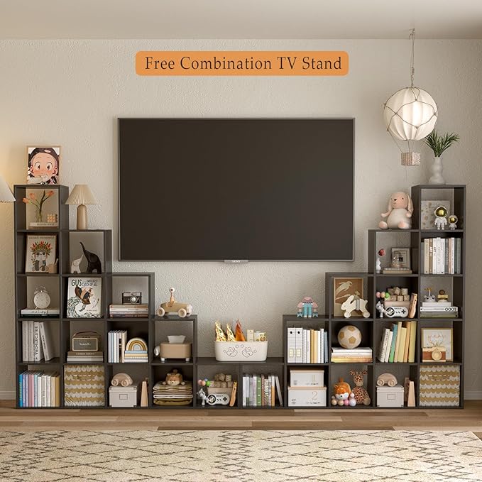 Ladder Cube Storage Bookcase - Wooden L-Shaped 5-Tier Corner Shelf, Reversible 15-Cube Organizer for Home & Office, Black