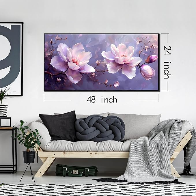 ANCXWOTER Modern Canvas Wall Art, 24x48, Purple Flower Botanical, Framed, Waterproof, Perfect for Living Room, Bedroom, Office, Bathroom