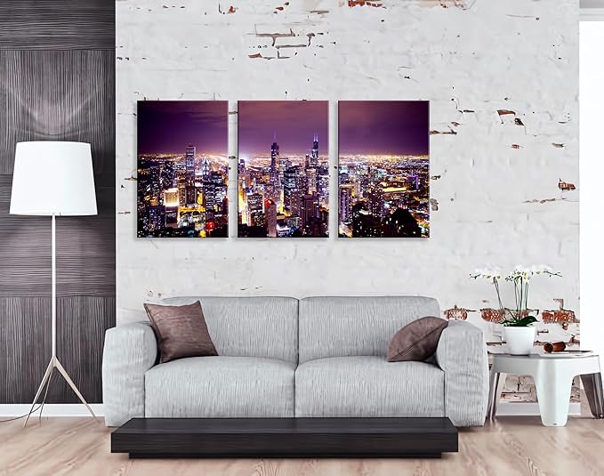 NAN Wind Large Modern City Chicago Skyline Pictures Cityscape Canvas Wall Art for Bedroom Downtown Poster Office Dining Room Wall Decor Wood Framed Night Scene Prints Paintings for Home Decorations