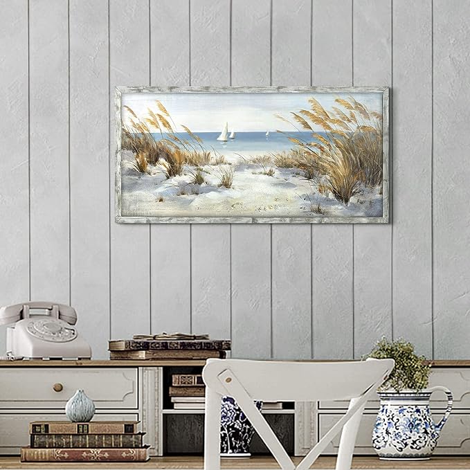 Coastal Framed Wooden Wall Art: Beach Oil Painting Style Seaside Pictures Seascape Art Prints Sand Dunes & Sailboat Artwork for Bathroom 24"x12"