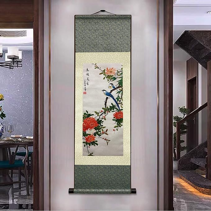 AtfArt Asian Wall Decor Beautiful Silk Scroll Painting Birds and Flowers - Bird Language Flower Fragrant Oriental Decor Chinese Art Wall Scroll Wall Hanging Painting Scroll (36.2 x 12 in)