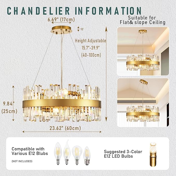 24'' Modern Gold Crystal Chandeliers, 12-Lights K9 Crystal Luxury Raindrop Chandelier Light Fixture,3 Colors Contemporary Pendant Ceiling Light for Dining Room Living Room Entryway Foyer