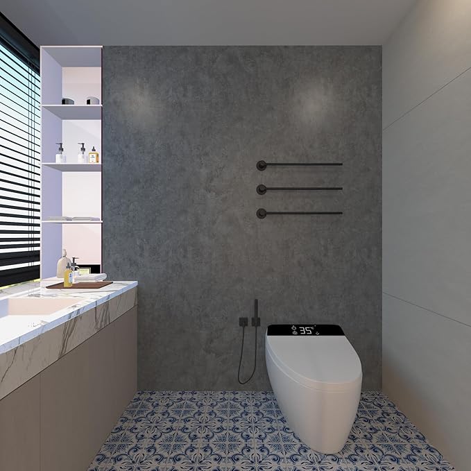 16"×1181" Big Roll Large Size Thick Dark Blue Grey Concrete Wallpaper Peel and Stick Gray Concrete Contact Paper Vinyl Industrial Glossy Adhesive Cement Tile Sticker for Bedroom Bathroom Walls