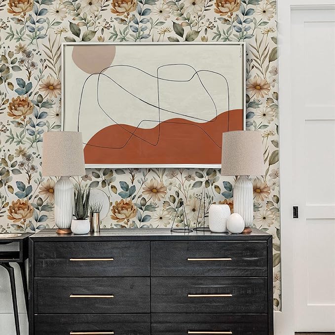 Beige Floral Wallpaper Self Adhesive Peel and Stick Cream Blooming Watercolor Vivid Botanical Leaf Contact Paper Removable Waterproof for Bedroom Renter Friendly 17.71"x236.2"