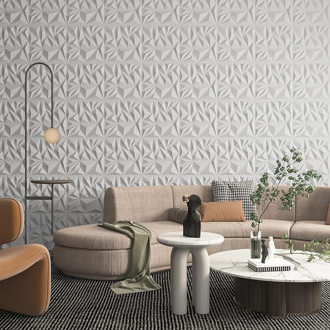 Art3d 33-Pack 3D Wall Panels for Interior Wall Decor, Modern Diamond Textured Accent Wall Paneling for Gaming Living Room TV Wall Background, 12 x 12 inch White, A10342