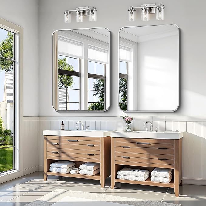 KOCUUY Silver Bathroom Mirror, 48x36 Inch Large Bathroom Mirror for Over Sink, HD Tempered Glass, Anti-Rust Brushed Silver Frame, Rounded Corner Modern Design for Bathroom, Hang Horizontal/Vertical