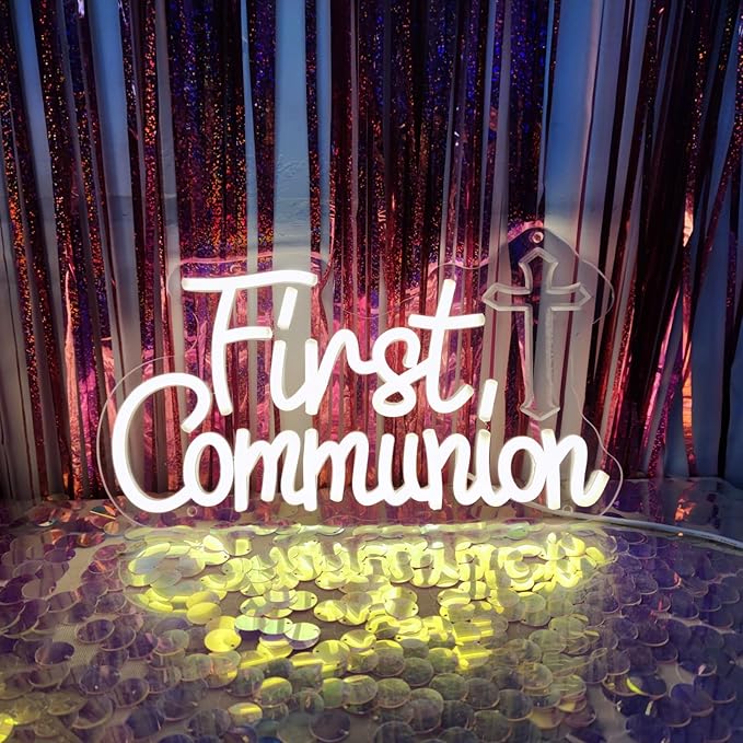 Neon Sign - First Communion Decorations, 16.3" x 10.7" Rectangular Multicolor Religious Wall Mount Neon Sign with Mounting Hardware (Hanging Chains)