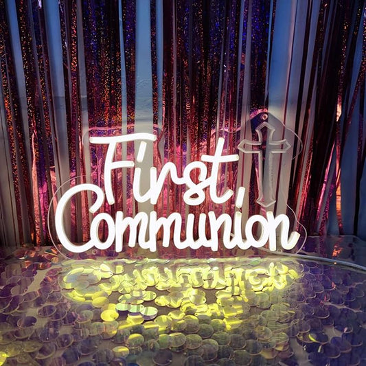 Neon Sign - First Communion Decorations, 16.3" x 10.7" Rectangular Multicolor Religious Wall Mount Neon Sign with Mounting Hardware (Hanging Chains)