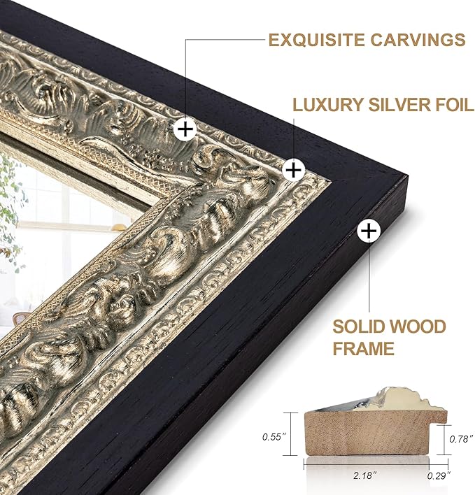 Black Large Vintage Wall Mirror Decor, 51.5"x28" Ornate Decorative Mirror with Silver Foil Carvings Wooden Frame, Handmade Aging, for Dining Room, Fireplace, Bathroom and Bedroom