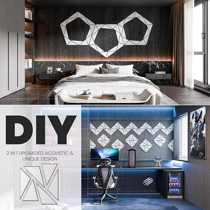 12 pack Acoustic Panels With Self-Adhesive, 12"X 12"X 0.4"Sound Proof Foam Panels, Sound Panels High Density, Soundproof Wall Panels for Home Studio Office- BlackBase + WhiteFace V1