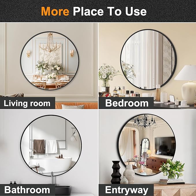 22 Inch Black Round Circle Mirror for Wall,Modern Bathroom Mirrors with Simple Metal Frame, Entryway, Bedroom Vanity, Living Room, Hallway Decor (Matte Black, Wall Mounted)