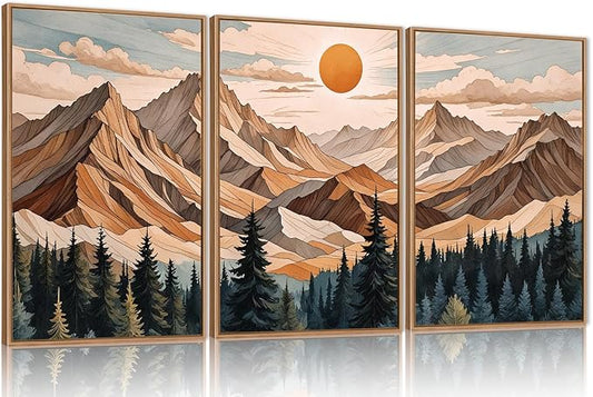 KAIRNE Mountain Framed Wall Art Set of 3, Wooden Mountain Forest Wall Decor, Boho Pine Tree Landscape Wall Painting, Woodcut Wilderness Scenery Art Prints for Living Room, Bedroom, Office -16"x24"