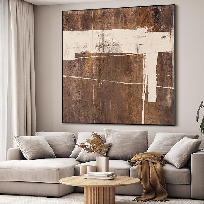 46"x46" XL Framed Wall Art - Rustic Brown and Beige Modern Design (Frame Assembly Required)