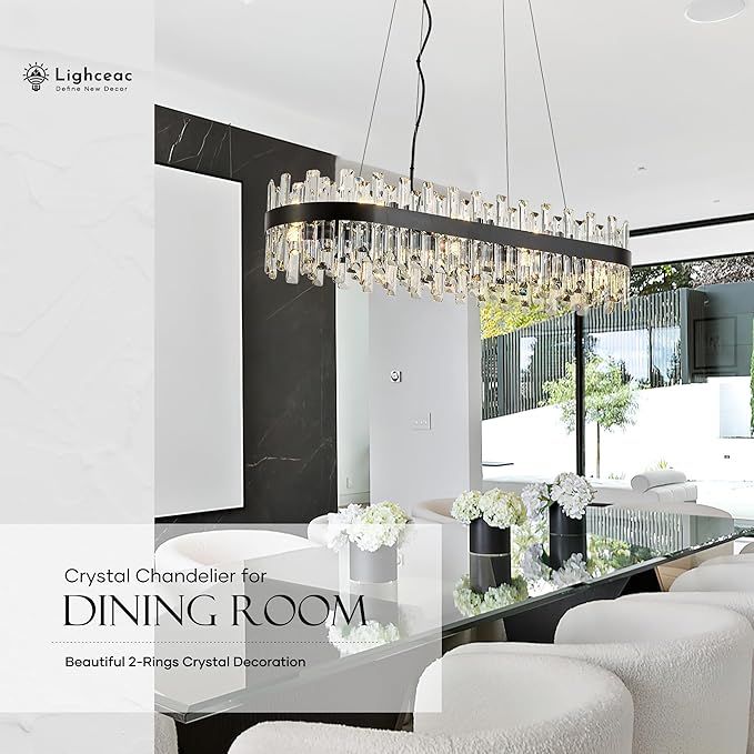 39" Modern Black Rectangle Crystal Chandelier Light Fixtures for Kitchen Island Luxury Linear Crystal Chandeliers for Dining Room 16-Light Long Hanging Pendant Lighting for Entryway Foyer Bar