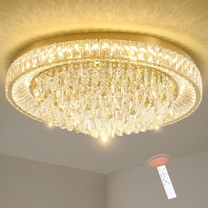 30" Ceiling Crystal Chandeliers: K9 Crystals 3 Color Temperature Led Light Dimmable with Remote - Modern Gold Chandelier Crystal Flush Mount Ceiling Lights for Dining Room Living Room Bedroom Entryway