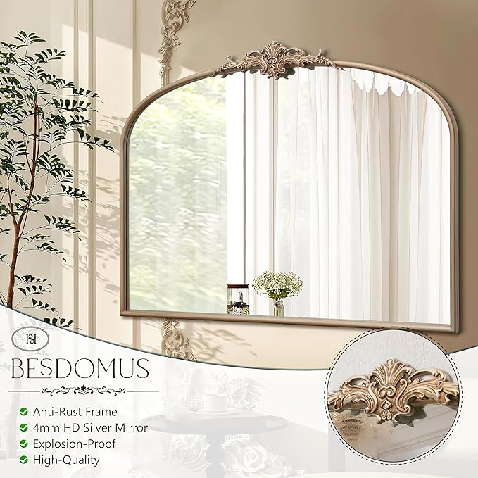 Arched Vintage Gold Mirror: 40"x30" Large Champagne Gold Antique Wall Mounted Mirror - Baroque Traditional Ornate for Fireplace/Bathroom/Living Room - Home Decor for Housewife