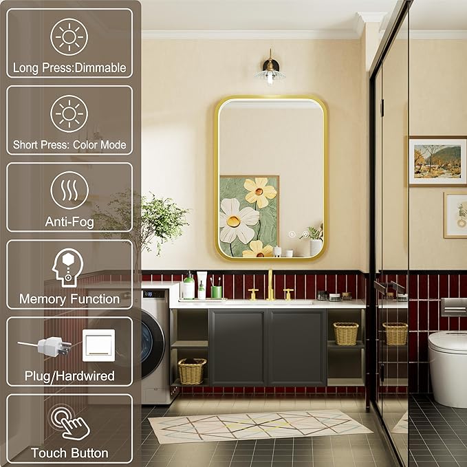16x24 Inch Gold LED Bathroom Mirror with Lights, Adjustable 3000K/4500K/6000K, Wall Mounted Framed Lighted Bathroom Vanity Mirrors, Anti-Fog, Dimmable, Memory Funtiom, Horizontal/Vertical