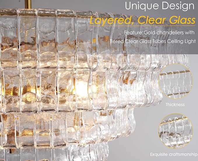 Clear Glass 36 inch Round Chandelier for Dining Room, Modern Drum Pendant Light Fixture with Crystal Glass, Gold Large Ceiling Light Perfect for Living Room, Bedroom