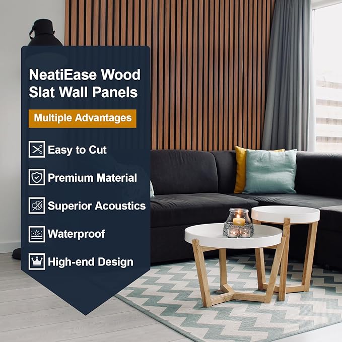 NeatiEase Wood Panels for Wall, 4-Piece 96" x 12.6" Soundproof Wood Slat Wall Panel for Interior Wall Decor Noise Cancelling, Acoustic Wall Panels, Sound Absorbing Panel (Teak)