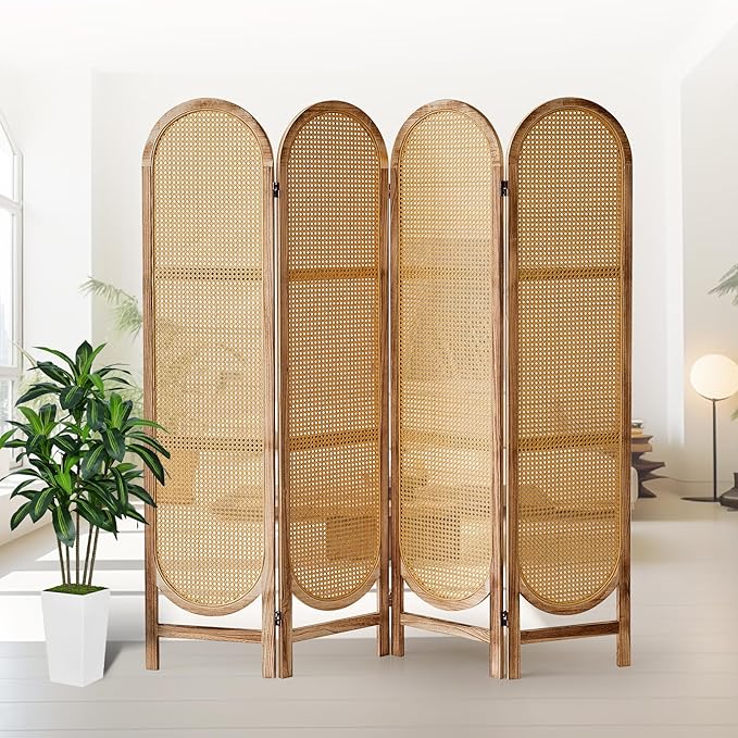 4 Panel Room Divider, Double Hinged Foldable Wooden Room Divider, Individual Privacy Screen Made of Hand-Woven Rattan, Portable Wall Divider for Home Office Bedroom Bathroom (Natural)