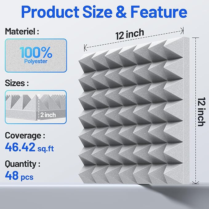48 Pack Pyramid Sound Proof Foam Panels for Walls with Updated Self-Adhesive 2"X12"X12" High Density Acoustic Panels Sound Absorbing Fast-Expanding Soundproof Wall Panels for Gaming Studio Decor- Gray