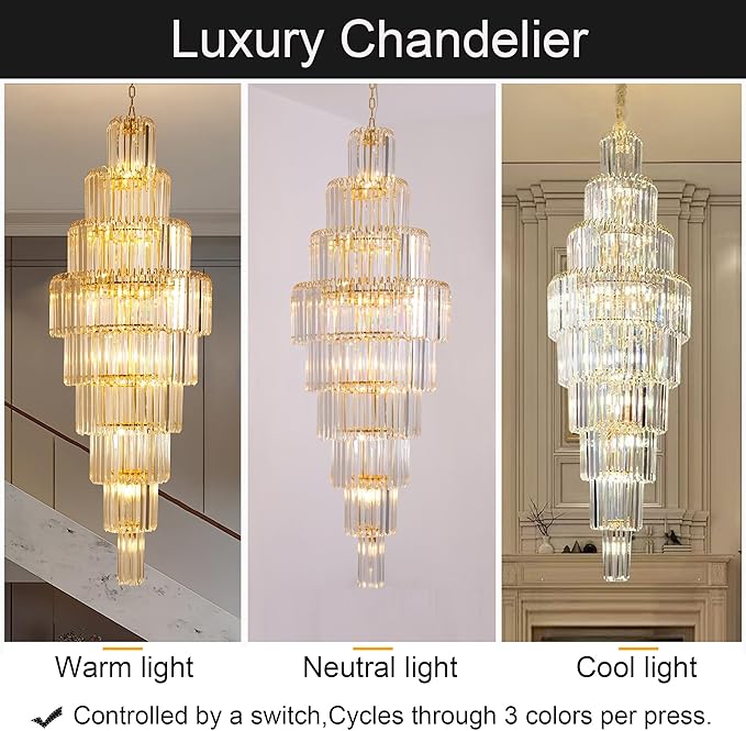 Luxury Modern Staircase Crystal Chandeliers Long 9-Tier Large Foyer Entrance Chandeliers for High Ceiling Light Fixture for Stairse Entryway Dia 23.7" - 20 Lights Gold