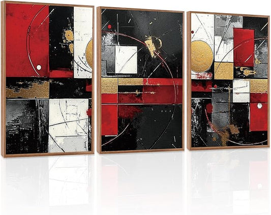 LHIUEM Abstract Black Framed Canvas Wall Art,Modern Red Wall Decor,Boho Metal Painting,Minimalist Textured Gold Artwork for Living Room,Bedroom,Dining Room -16"x24"x3