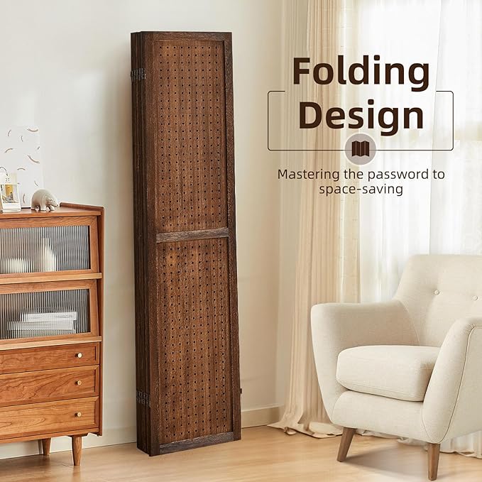6 Panel Pegboard Display with 24 Hooks,Partition Room dividers, Wooden Room Divider Wall and Folding Privacy Screens, Pegboard Room Divider, Bedroom, Balcony, Dark Brown