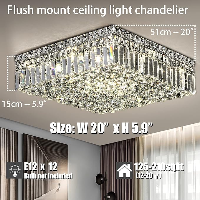 12-Lights Modern Flush Mount Ceiling Light Fixtures,Elegant Crystal Chandelier Pendant Ceiling Lamp for Bedroom,Living Room,Dining Room,Hallway H5.9 x W20 x L20 (Bulbs Not Included) Square
