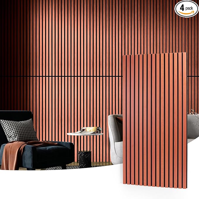 Art3d 4 Pack 47.2 x 23.6in. Wood Slat Acoustic Panels for Wall and Ceiling - 3D Fluted Sound Absorbing Panel with Wood Finish - Cherry