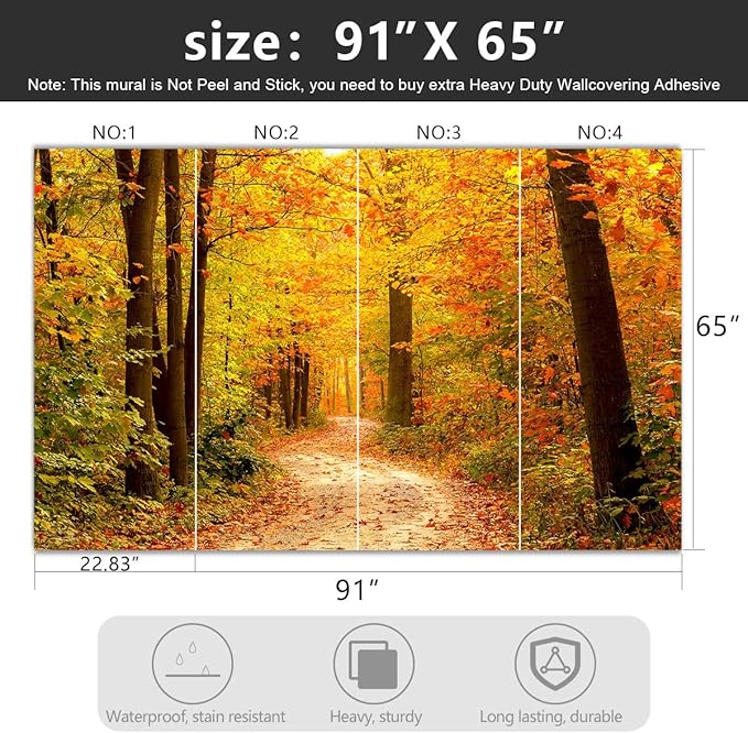 -Autumn Gold Forest Jungle Tree Fabric Wallpaper Living Room Bedroom Bathroom Woodland Scenery Wall Mural- 91"x65"（ not Peel and Stick）