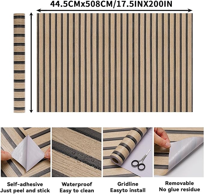 Brown Wood Slat Peel and Stick Wallpaper - 17.5"x200" Textured Faux Wood Self-Adhesive, Waterproof Removable Wall Panel for Bedroom, Kitchen, Accent Wall - Easy Install