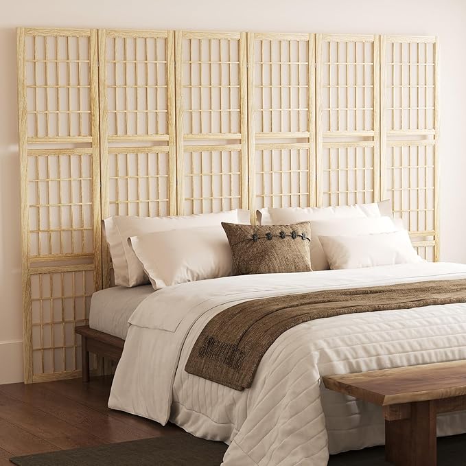 5.6FT Room Divider and Folding Portable Partition Screen, Chinese Japanese Shoji Style with Three Display Shelves for Room Separation - 6 Panel (Natural)