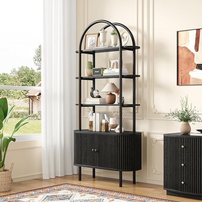 71" Tall Bookshelf, Bookcase, 4-Tier Book Shelf with Storage Cabinet, Curved Metal Frame Bookcase, Freestanding Industrial Storage Display Shelving for Living Room Office Bedroom, Black