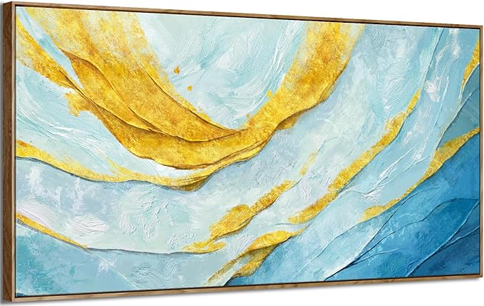 Nicetop Extra Large Framed Abstract Canvas Wall Art – Blue Gold Modern Oversized Picture Flowing Lines Art Print – Horizontal Wall Decor with Wood Frame for Living Room Bedroom Home Office 58x29Inch