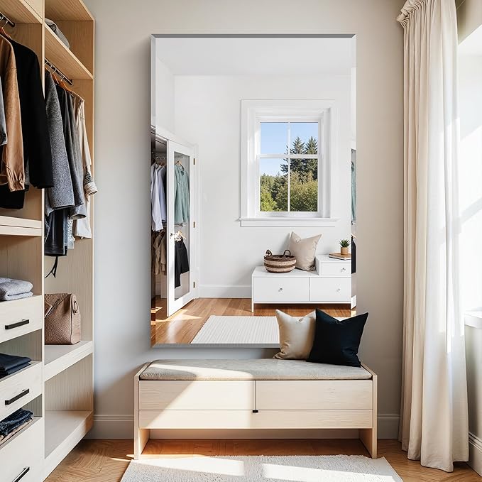 KOCUUY Beveled Mirror, 55x36 Inch Large Frameless Bathroom Mirror for Over Sink, Upgraded Shatterproof Beveled Unframed Design Mirror for Bathroom, Bedroom, Hang Horizontal/Vertical