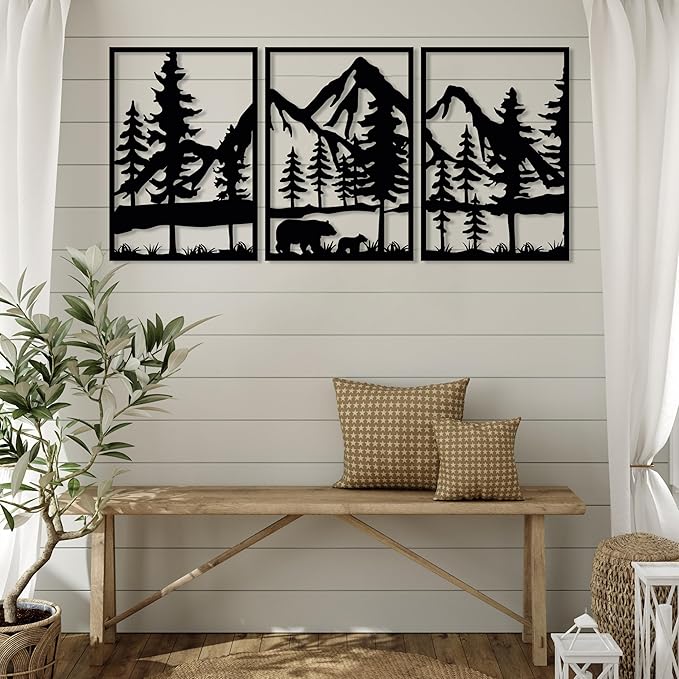 Mountain and Bear Metal Wall Art Set of 3, Forest Wall Decor, Mountain Forest Landscapes Ready to Hang Wall Decorations, Wilderness Scenery Art, Modern Art for Farmhouse, Living Room, Bedroom