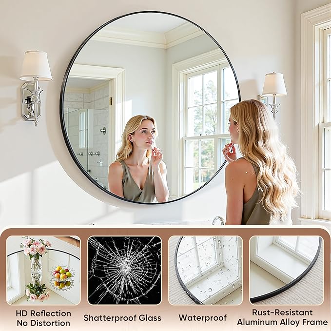 Antok Wall Mirror, 18"x18" Bathroom Vanity Mirror, Anti-Rust HD Tempered Glass, Wall Mounted Mirrors for Living Room, Entryway, Black Frame, Round