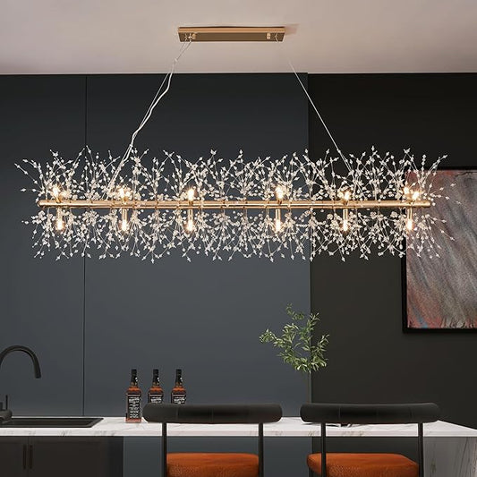 Modern 59" Modern Gold Crystal Firework Chandelier, 18-Light Pendant Light Fixture, Rectangle Linear Sputnik Dandelion Chandeliers for Dining Room Kitchen Living Room